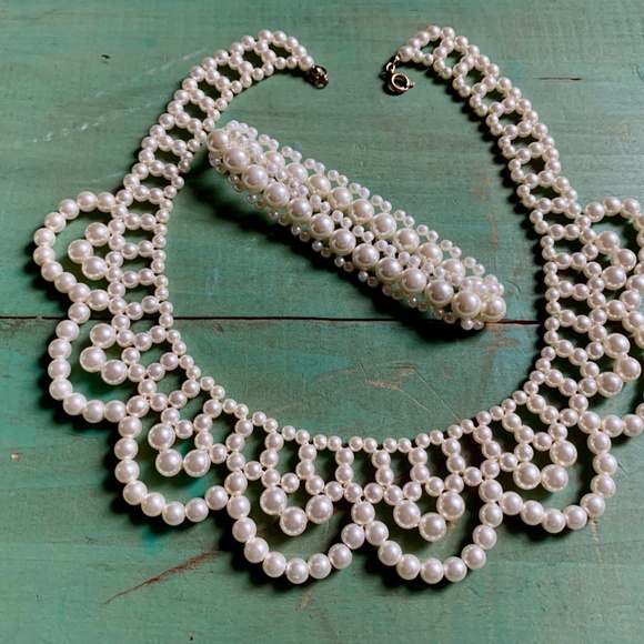 Mid-Century Faux White Pearl Lacy Collar Necklace & Bracelet - Vintage Bride - Picture 8 of 13